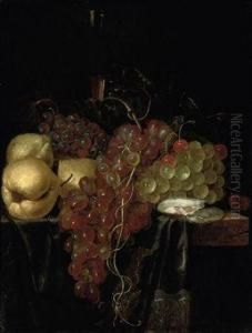 Oysters, Lemons, Cherries, Grapes, And A Glass Roemer On A Partly-draped Wooden Ledge by Lambert Van Slingelandt