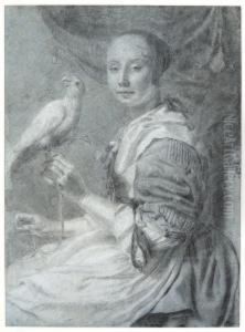 A Lady With A Parrot by Pieter Cornelisz. van SLINGELANDT