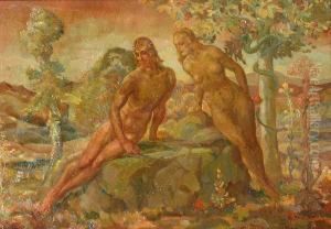 Adam And Eve With The Serpent In The Garden Of Eden by Frank J. Van Sloun