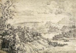 Attribuito/attributed Paesaggio Montano Ideale Con Viandanti Sulle Sponde Di Un Fiume