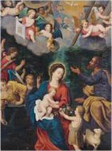 The Holy Family With The Infant Saint John The Baptist In A Landscape, Above Angels Carrying The Symbols Of The Passion, The Cup Of The Eucharist And The Veil Of Saint Veronica by Pieter Van Sompel