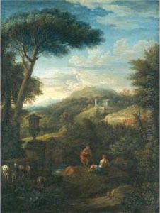 An Italianate Landscape With Shepherds Resting With Their Flock By A Stream by Jan Frans van Son