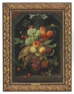 Peaches, Grapes, Nectarines, Strawberries, Cherries, Corn, A Pomegranate And Other Fruit Hanging From A Blue Ribbon In A Niche Peaches, Grapes, Nectarines, Strawberries, Cherries, Corn, A Pomegranate And Other Fruit Hanging From A Blue Ribbon In A Niche