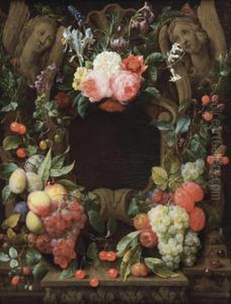 Pink Roses, Blackberries, Figs, Plums, Grapes, Cherries And Other Fruits And Flowers Surrounding A Stone Cartouche With Sculpted Angels - view 1