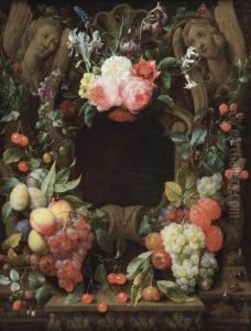 Pink Roses, Blackberries, Figs, Plums, Grapes, Cherries And Other Fruits And Flowers Surrounding A Stone Cartouche With Sculpted Angels by Joris Van Son