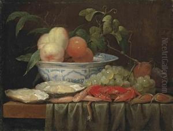 Peaches In A Porcelain Bowl, With Oysters, Prawns, A Crab, Grapesand Plums On A Partly Draped Wooden Table Signed With Initials 'j.v.s.' - view 1