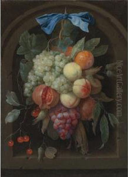 Still Life Of Grapes, Peaches, A Pomegranate And Other Fruithanging From A Nail Before A Stone Niche - view 1