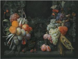 Grapes And Other Fruits And Maize Surrounding A Stone Cartouchewith A Sculpted Head Grapes And Other Fruits And Maize Surrounding A Stone Cartouchewith A Sculpted Head