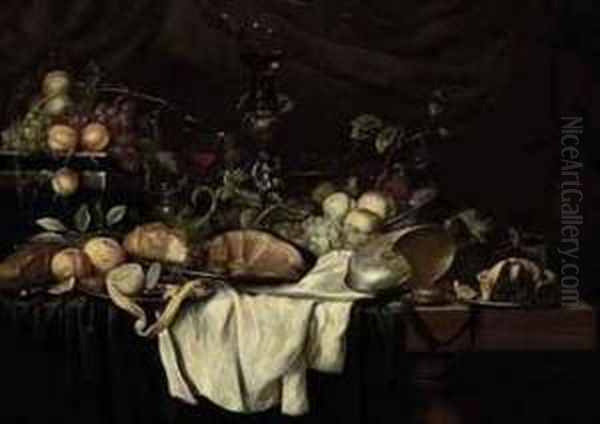Grapes, Peaches, Plums, Lemons, Oranges, A Conch, An Ornamentalroemer, A Ham, A Minced Pie And A Gilt Locket On A Green Velvetcord, On A Wooden Table With White And Green Drapes - view 1