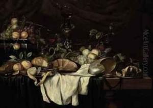 Grapes, Peaches, Plums, Lemons, Oranges, A Conch, An Ornamentalroemer, A Ham, A Minced Pie And A Gilt Locket On A Green Velvetcord, On A Wooden Table With White And Green Drapes