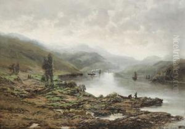 Personages Aan De Oever Van Derivier In Bergachtig Landschap - view 1