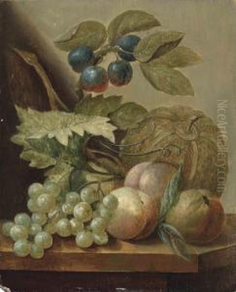 Peaches, Grapes, Plums And A Melon On A Ledge - view 1