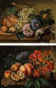 Peaches, Apricots, A Plum, Hyacinth And Other Flowers On A Stone Ledge; And Grapes On The Vine, A Fig, Walnuts, Flowers And A Dead Bird On A Stone Ledge by Cornelis van Spaendonck