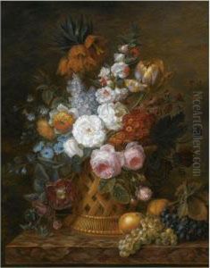 Still Life Of Roses, Lilacs, Imperial Crown, Auriculas, A Parrot Tulip And Other Flowers In A Basket, With Peaches And Blue And White Grapes, Set On A Marble Ledge