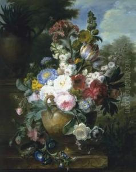Bouquet De Fleurs Dans Un Vase Pose Sur Un Entablement De Marbre Avec Un Nid D'oiseaux - view 1