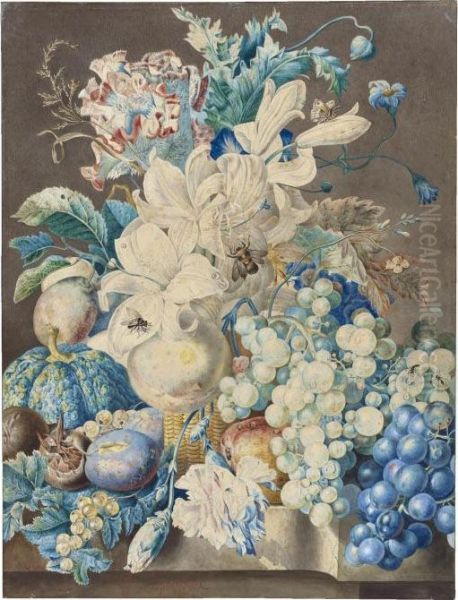 Still Life With Flowers And Fruit In A Basket by Gerard Van Spaendonck