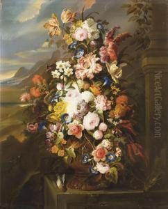 Roses, Tulipes, Pivoines, Liseron Et Autres Fleurs Dans Un Vase En Cuivre Sur Un Entablement En Pierre by Gerard Van Spaendonck