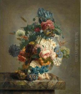 A Still Life Of Roses, Peonies, Irises, Primulae, A Variegated Tulip And Other Flowers, Together With A Birds Nest On A Marble Ledge