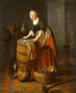 A Kitchen Interior With A Young Womanpolishing Brass