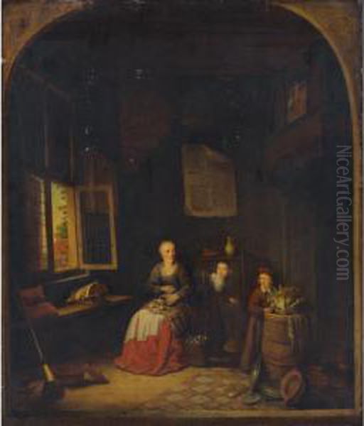 Interior Of A Kitchen With A Seated Woman Peeling Onions, A Child Hiding Behind Her, Another Child Putting A Cabbage On A Barrel - view 1