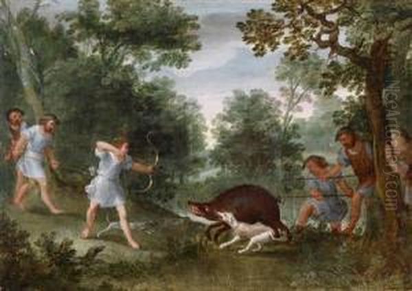 Wooded Landscape With A Wild Boar Hunt - view 1
