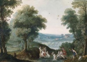Diana With Her Nymphs And The Huntsman, Actaeon In A Wooded Landscape by Adriaan van Stalbemt