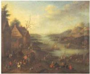 Paysage De Riviere Anime De Paysans Et De Pecheurs by Frans Van Stampart