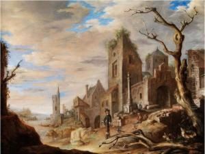 Architekturlandschaft Mit Flusslauf Und Figurenstaffage by An Adriansz Van Staveren