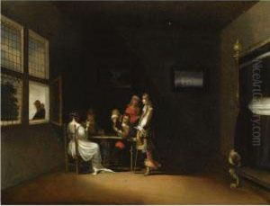 An Interior With Elegant Figures Playing Cards by Gerhard Van Steenwijck