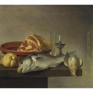 Still Life With A Ham, A Fish, A Candle And Other Objects Arranged On The Edge Of A Tabletop