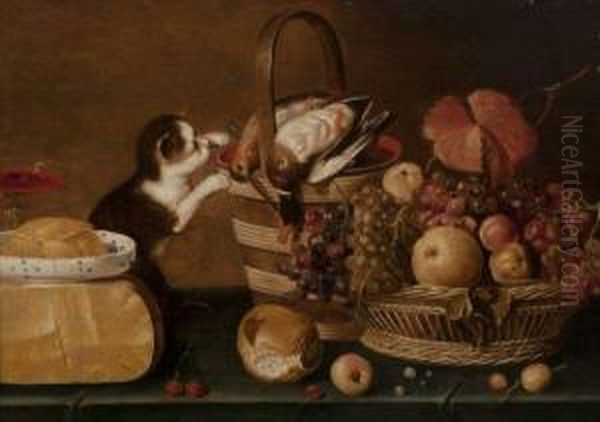 Nature Morte A La Corbeille De Fruits, Aux Oiseaux Et Auchat. - view 1
