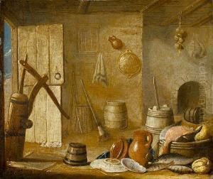 A Kitchen Interior With Dead Fish, Anearthenware Jug And Dishes Before A Fireplace by Harmen van Steenwyck