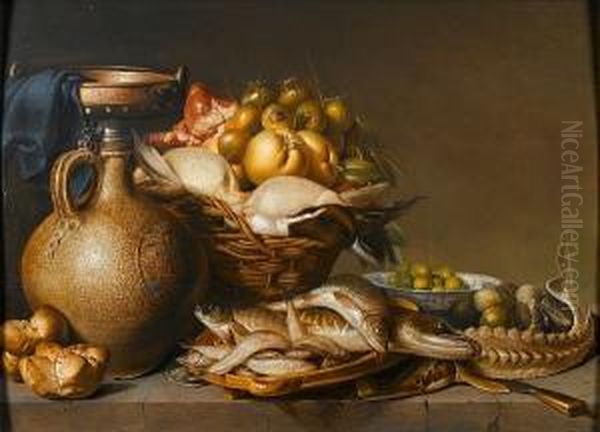An Earthenware Bellarmine With A Basket Of Dead Ducks Onions And Offal With Wan-li Kraak Bowl Of Olives And An Earthenware Dish Of Freshwater Fish, Including Pike, Carp, Bream And Roach Next To A Sturgeon On A Table Top - view 1