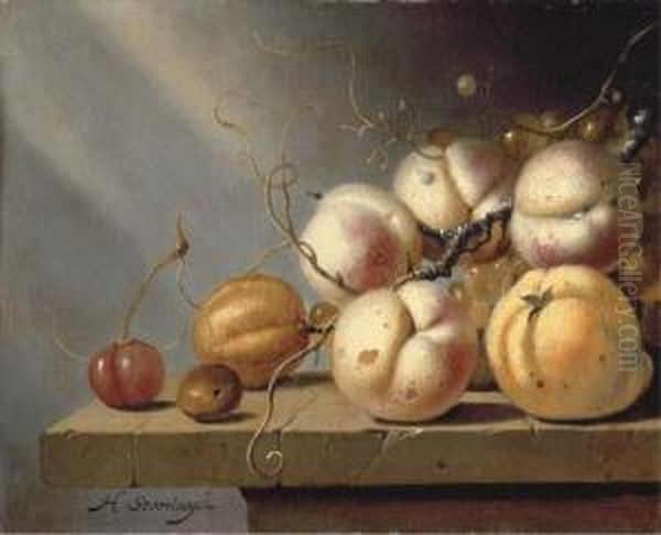 A Cherry, A Hazelnut, A Lemon, An Apricot, Peaches And Grapes On Astone Ledge - view 1
