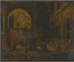 Interior Of A Gothic Cathedral At Night With A Mass Beingcelebrated In A Side Chapel by Hendrik Van Steenwijk