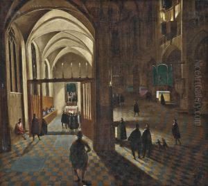 A Gothic Church Interior With Mass Being Held In A Side Chapel