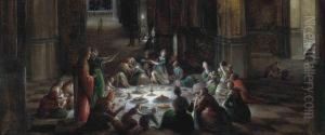 A Church Interior With Figures Feasting