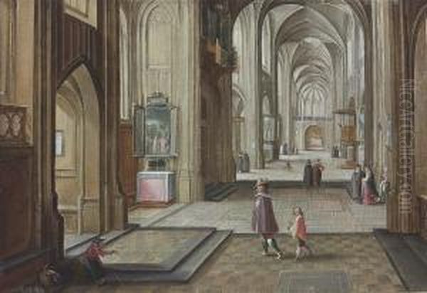The Interior Of A Gothic Cathedral, With Elegant Figures - view 1