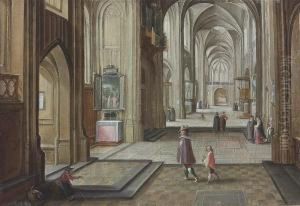The Interior Of A Gothic Cathedral, With Elegant Figures by Hendrick van, the Younger Steenwyck
