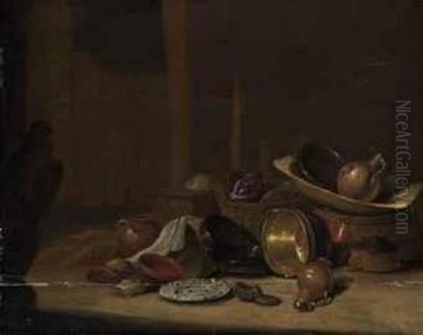 Cabbages In A Basket, A Strainer And An Earthenware Jug In A Woodenwashtub On A Barrel, With Copper Buckets, Pots And Pans, Awesterwald Stoneware Jug, A Shoe And A China Plate Nearby, In Abarn - view 1