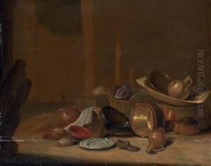Cabbages In A Basket, A Strainer And An Earthenware Jug In A Wooden Washtub On A Barrel, With Copper Buckets, Pots And Pans, A Westerwald Stoneware Jug, A Shoe And A China Plate Nearby, In A Barn