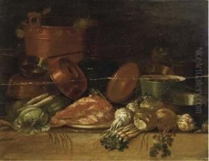 Copper Pots And Pans, Onions, Asparagus, Cabbage And A Pig's Headon A Table; And Copper Pots And Pans, Parsnips, Turnips, Cabbageand Meat On A Table by Pieter van Steenwyck