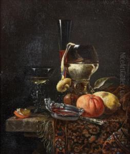 Natures Mortes Aux Verres Et Fruits Disposes Sur Un Entablement Recouvert D'un Tapis by Juriaen van Streeck