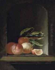 A Glass Roemer, Vine Leaves And Oranges In A Stone Niche by Juriaen van Streeck