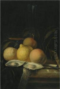 A Still Life With Oysters, Peaches And A Lemon On A Marble Tablewith A Fringed Carpet And Glasses by Juriaen van Streeck