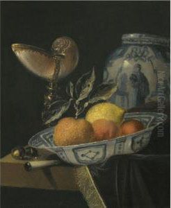 A Still Life Of An Orange, A Lemon And Two Peaches In A Wan-liporcelain Bowl On A Table With A Fringed Carpet And A Nautiluscup