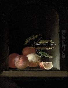 A Glass Roemer, Vine Leaves, And Oranges In A Stone Niche by Juriaen van Streeck