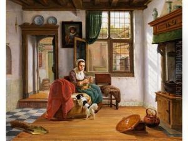 Hollandisches Interieur Mit Strickender Junger Frau Und Hund - view 1