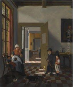 An Interior With A Woman Sewing