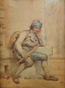 A Weary Traveller Holding A Staff And Carrying A Ruck Sack Resting By A Stone Fountain by Abraham Ii Van Stry